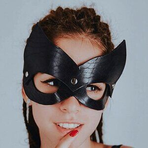 𝅺BLACK Leather Kitty Cat Masquerade Face Mask Slave Bondage BDSM Costume Cosplay